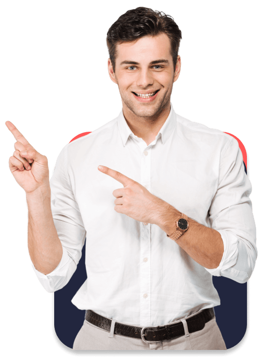 Homem feliz apontando para o título